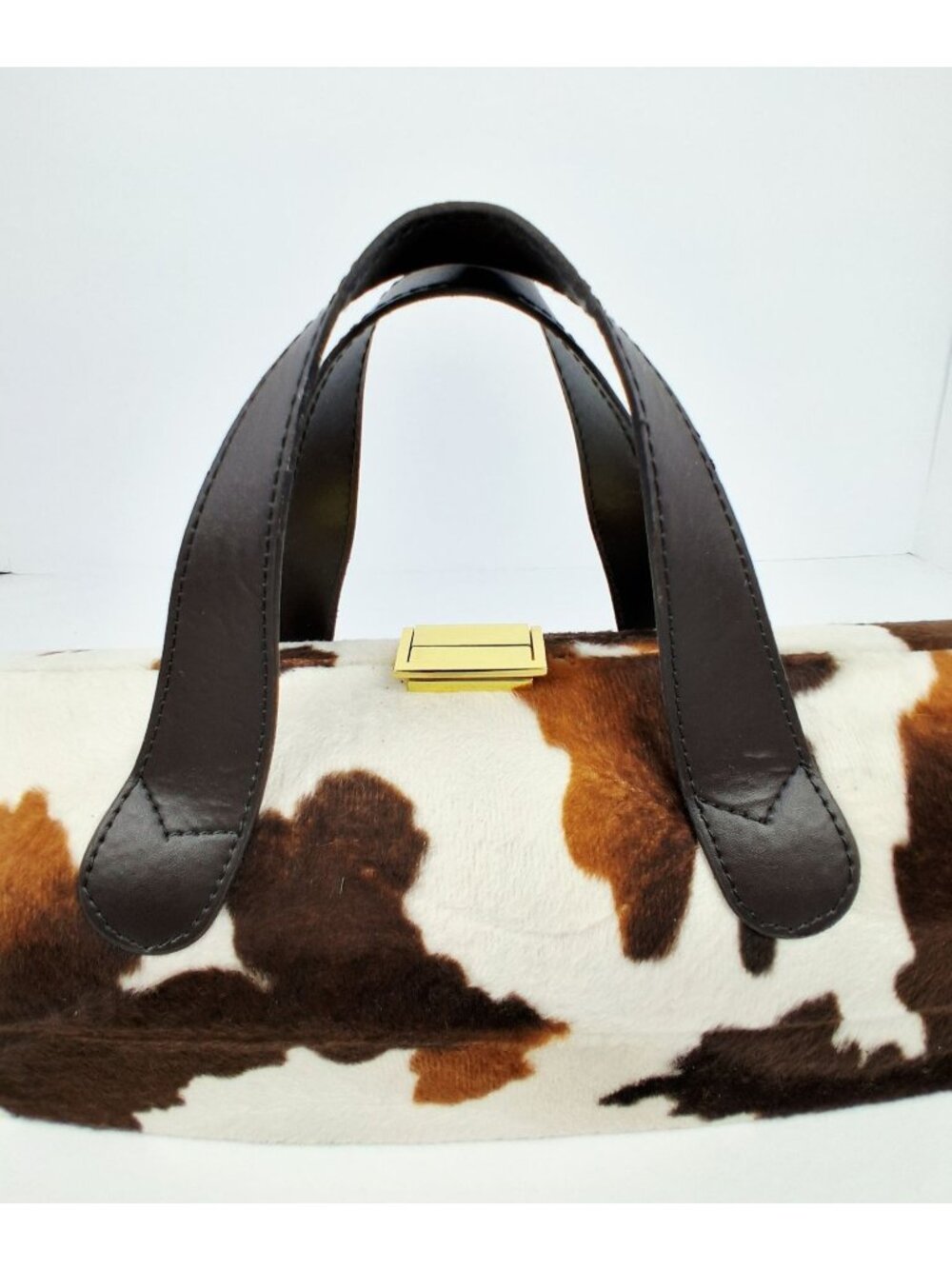 Cowhide Brown White Cylinder Wine Bottle Carrier/Handbag w/ Gold Hardware - Picture 3 of 12